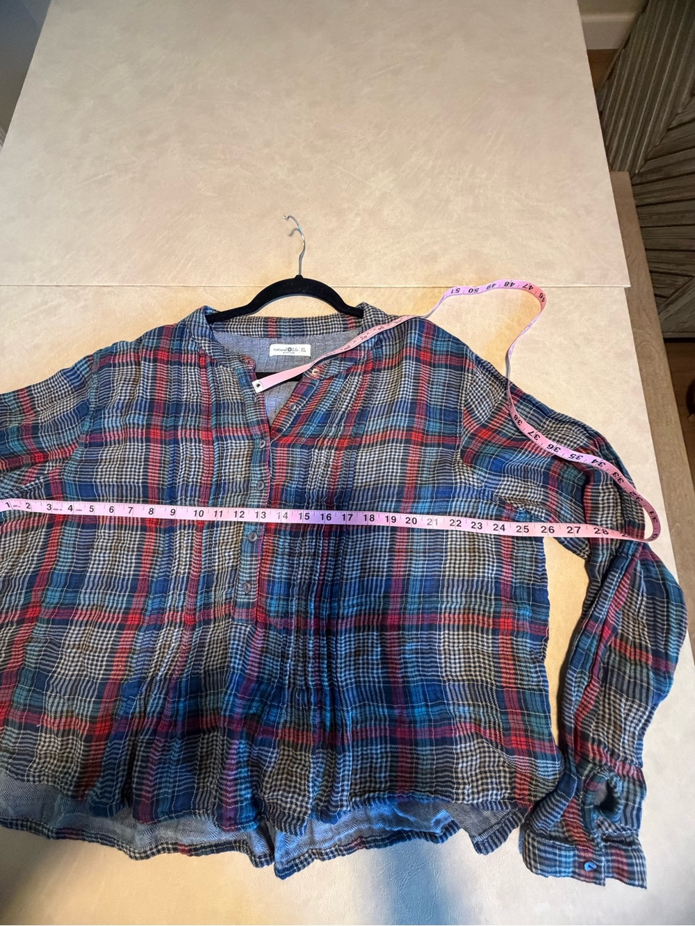 NATURAL LIFE 🤠 Plaid 3/4 Button Down Top in Navy, Red and Gray - Picture 5 of 5